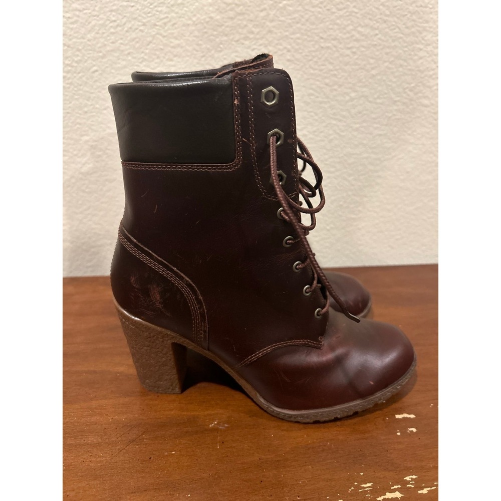 TIMBERLAND Brown Leather High Heel Laced Rugged Boots with Ortholite size 8